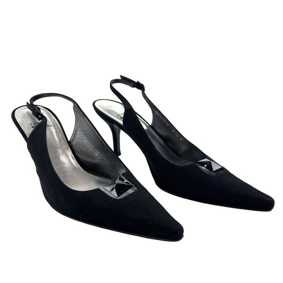Stuart Weitzman Classic Chic Preppy Black Slingback Heels Embellished Toe 9.5 M - Picture 1 of 13